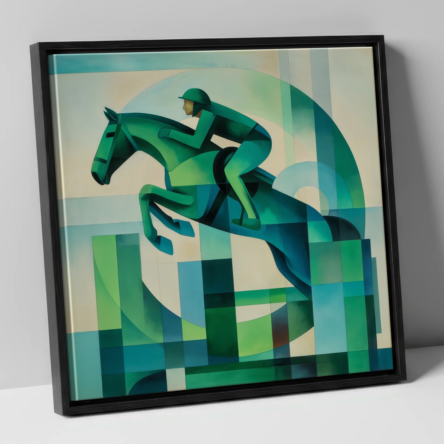Emerald Ascent show jumping horse canvas wall art in black frame