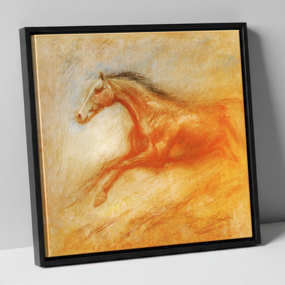 The Golden Gallop racing horse canvas wall art in black frame