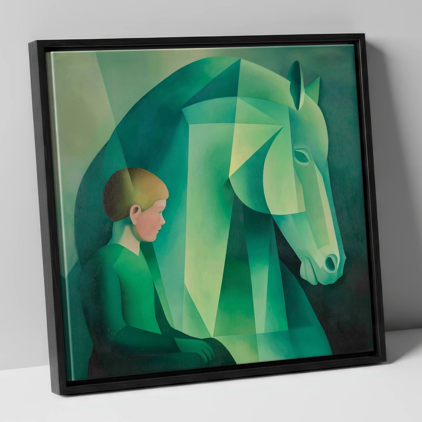 Emerald Equine Connection horse & rider canvas wall art in black frame