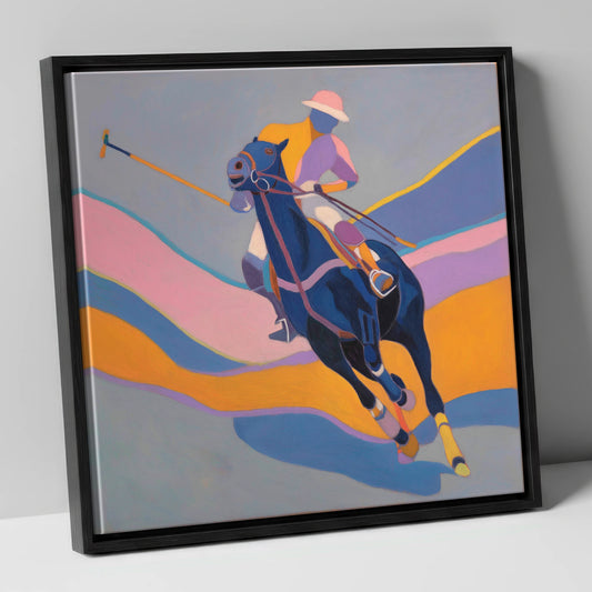 Dynamic Polo Pursuit polo horse canvas wall art in black frame