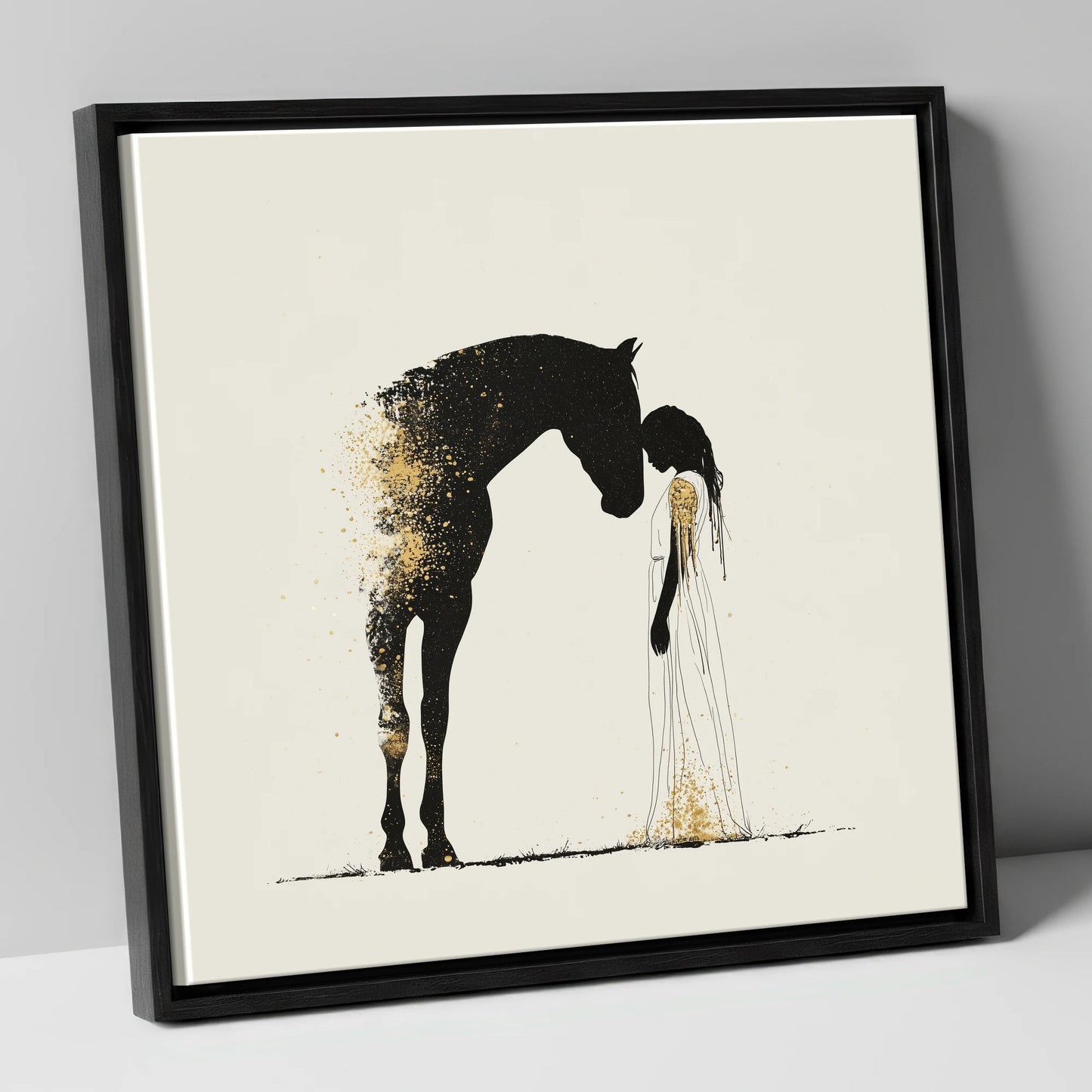 Golden Connection horse & rider canvas wall art in black frame