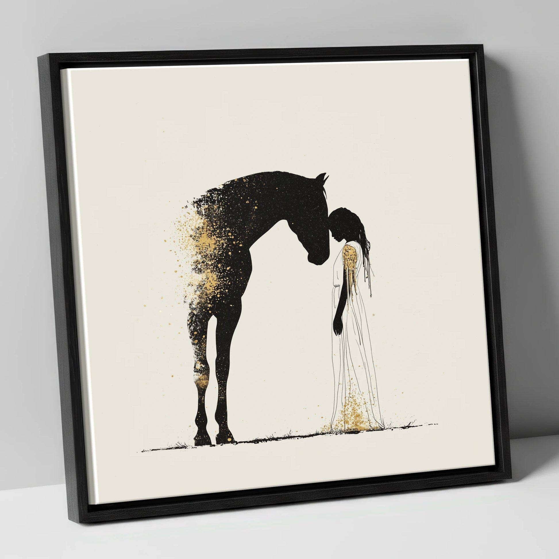 Golden Connection horse & rider canvas wall art in black frame
