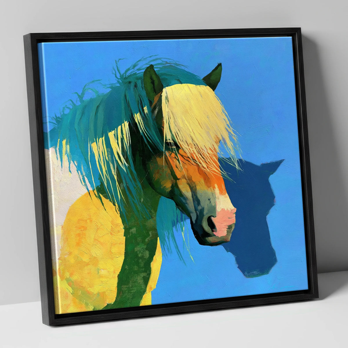 Bold Yellow and Teal Horse horse breed canvas wall art in black frame