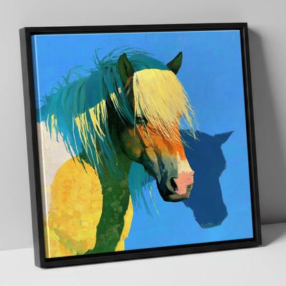 Bold Yellow and Teal Horse horse breed canvas wall art in black frame