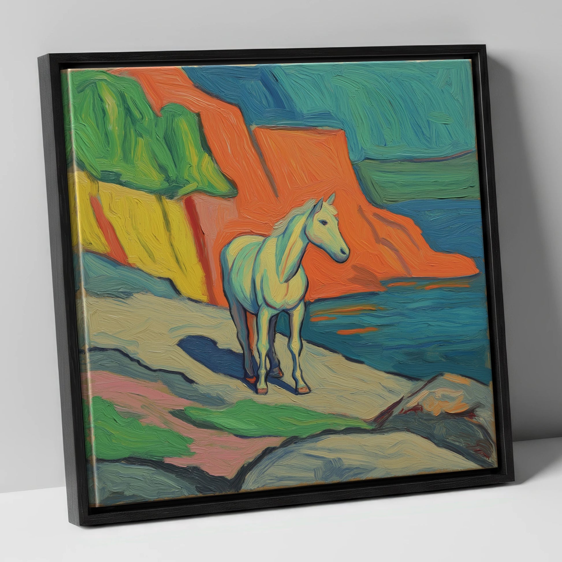 Vibrant Coastal Grey horse landscape canvas wall art in black frame