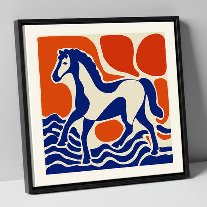 Striding Through Cobalt horse landscape canvas wall art in black frame