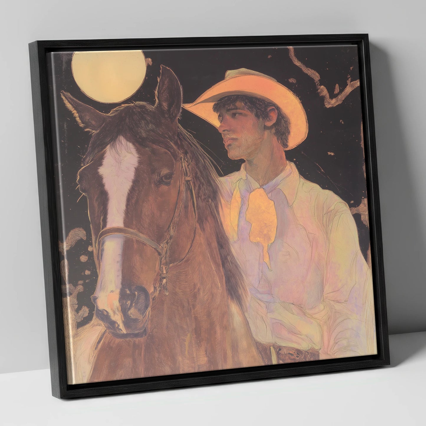 Under the Prairie Moon western horse canvas wall art in black frame