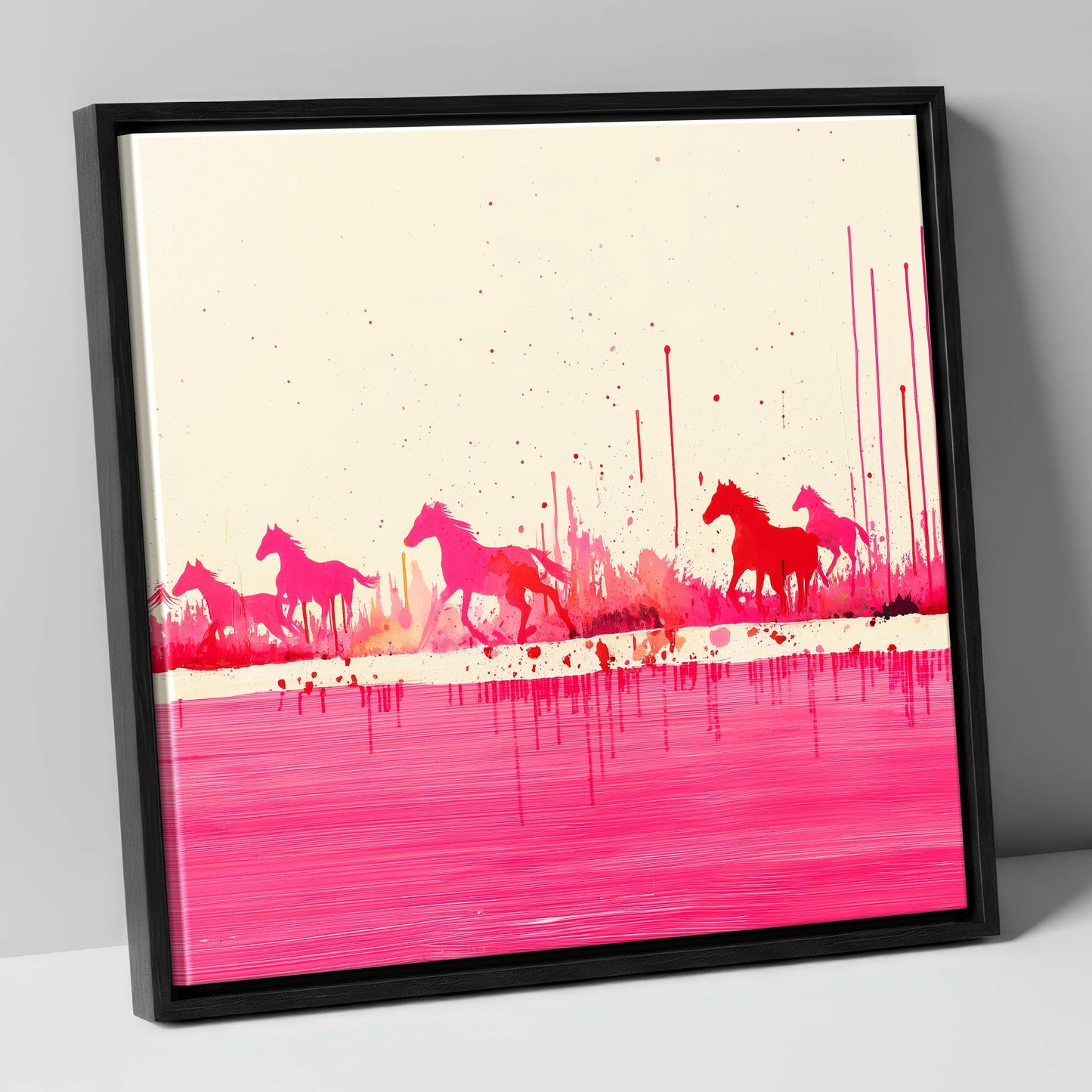 Crimson Gallop wild horses canvas wall art in black frame