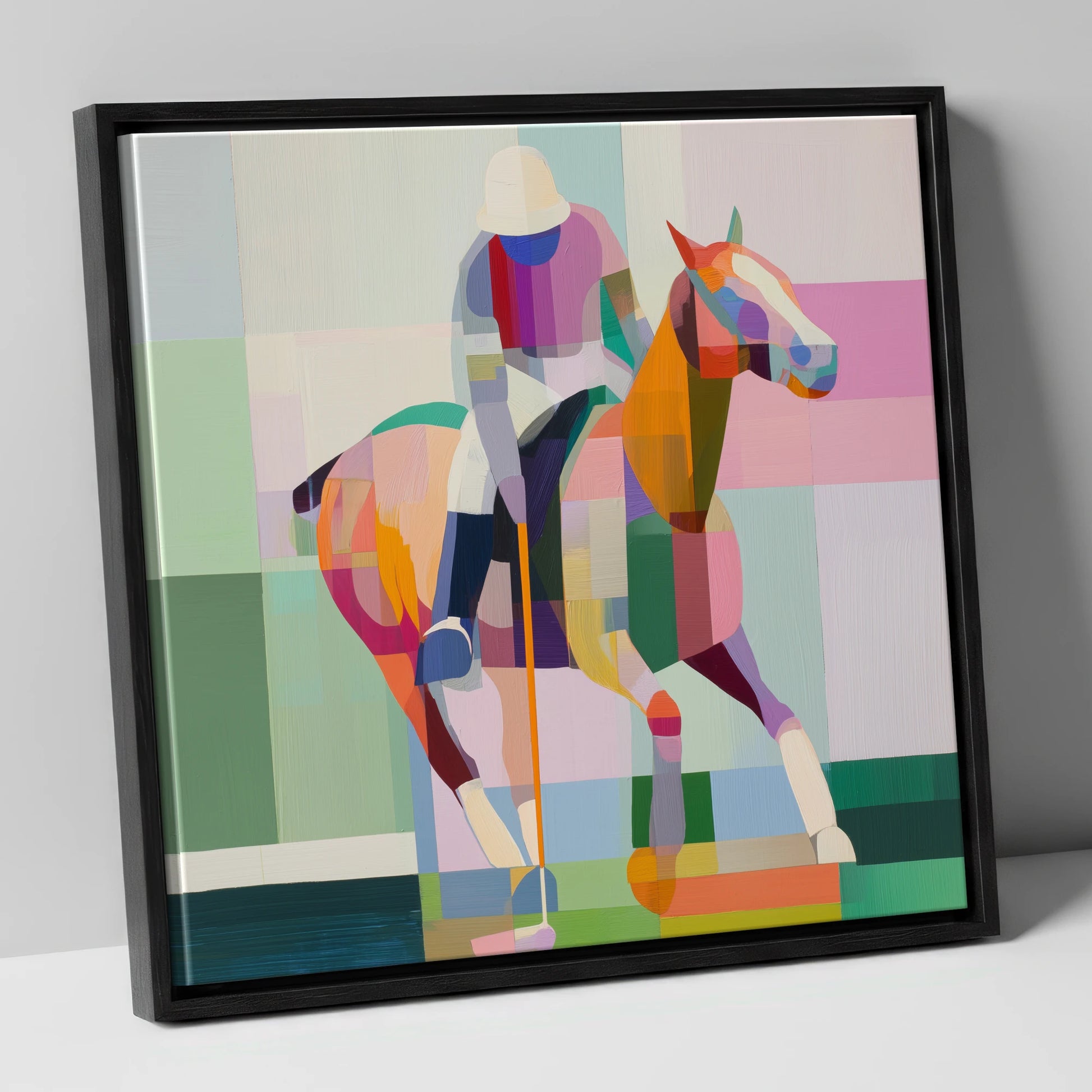 Geometric Polo Strike polo horse canvas wall art in black frame