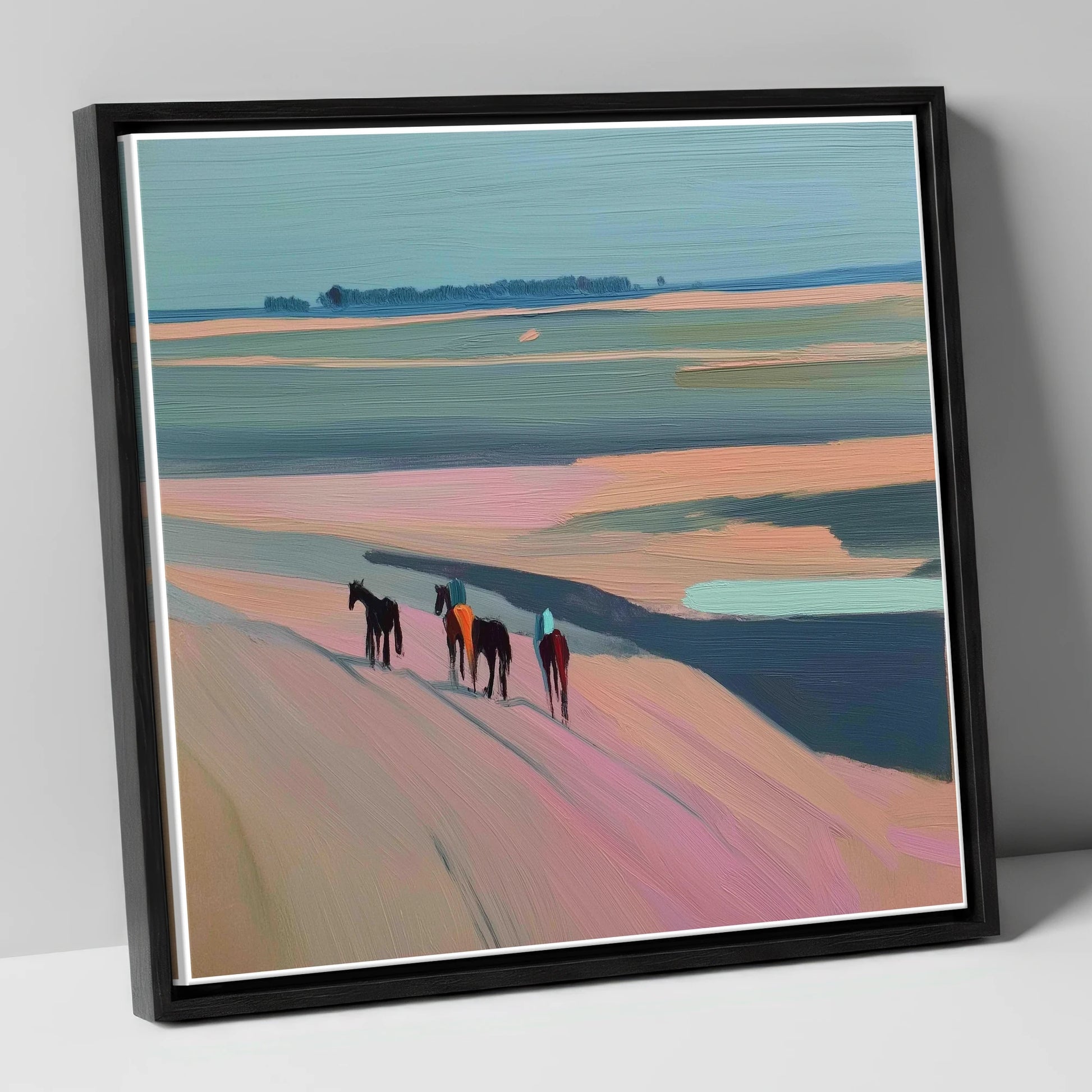 Dusty Rose Hack horse landscape canvas wall art in black frame