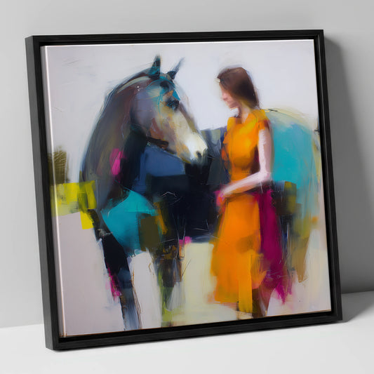 Vivid Companionship horse & rider canvas wall art in black frame