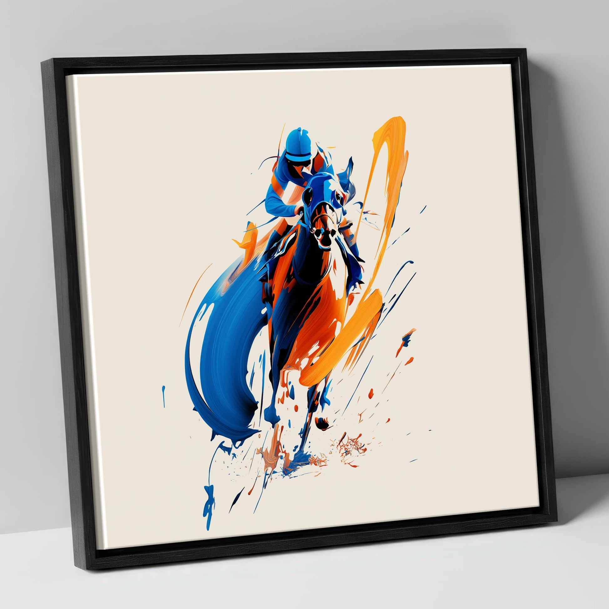 Dynamic Racing Strides racing horse canvas wall art in black frame
