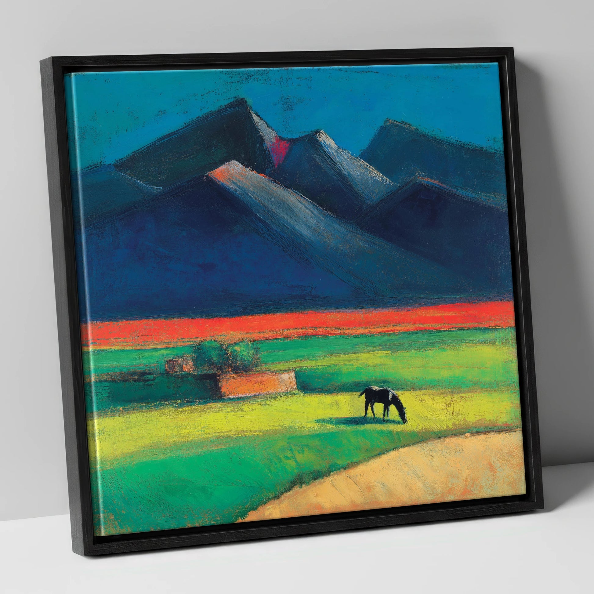 Grazing Beneath Indigo Peaks horse landscape canvas wall art in black frame