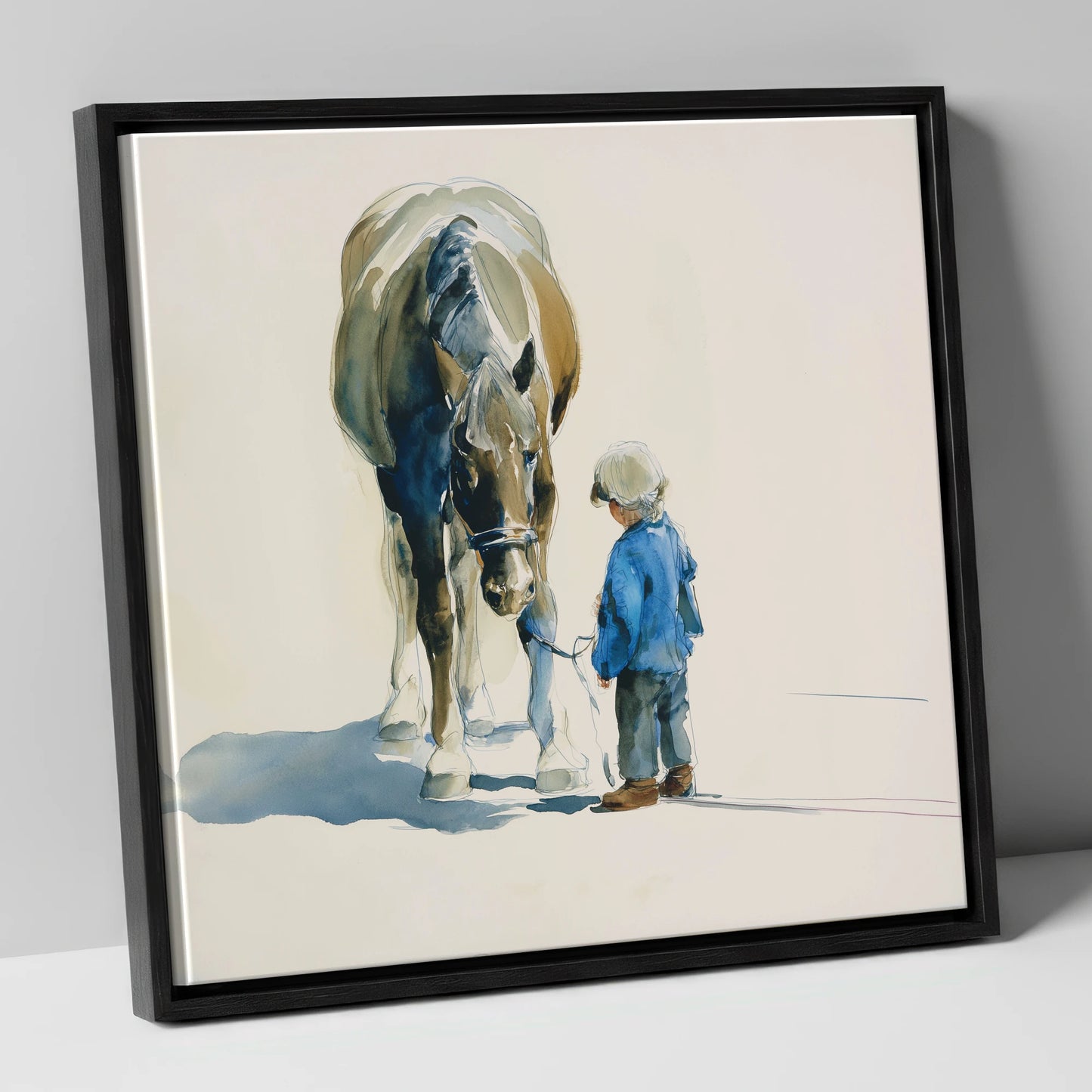 Quiet Understanding horse & rider canvas wall art in black frame
