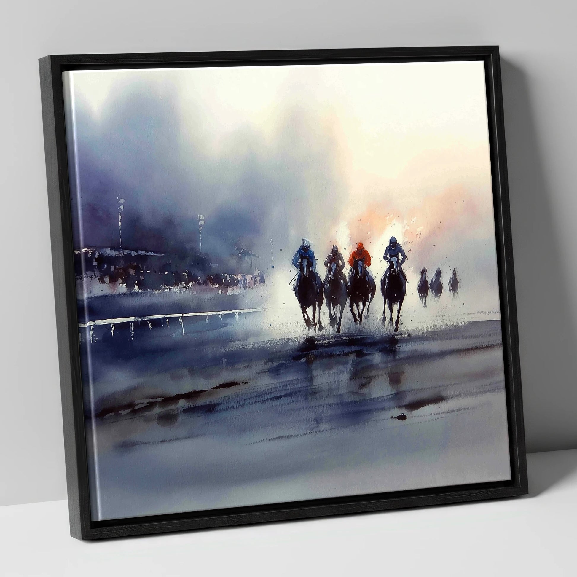 Out of the Mist racing horse canvas wall art in black frame