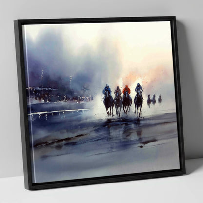 Out of the Mist racing horse canvas wall art in black frame
