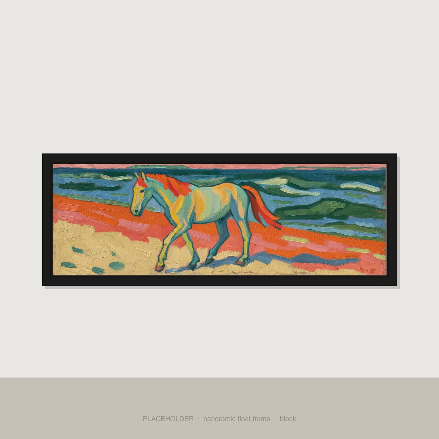 The Painted Shore Horse Landscape panoramic canvas wall art in black float frame