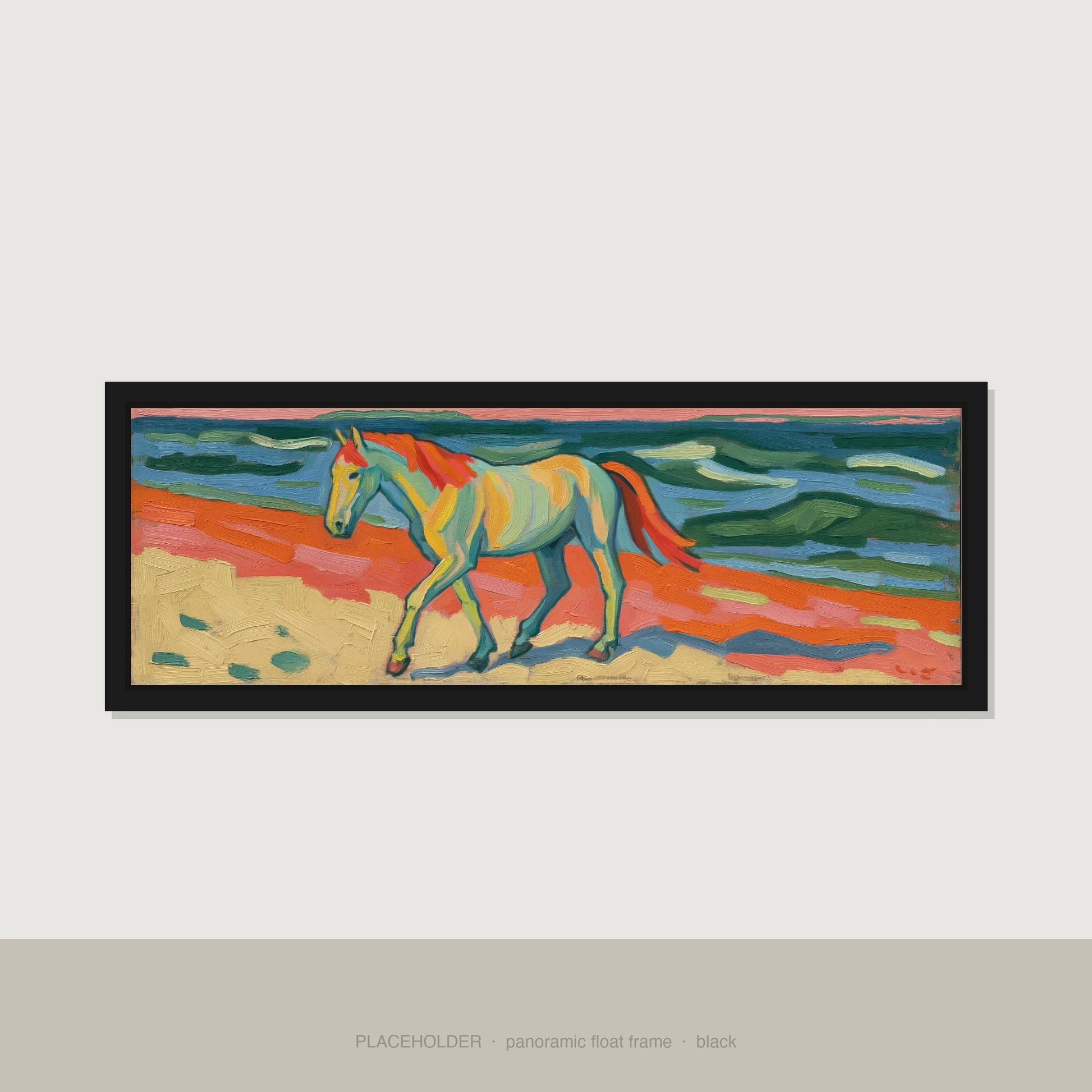 The Painted Shore Horse Landscape panoramic canvas wall art in black float frame