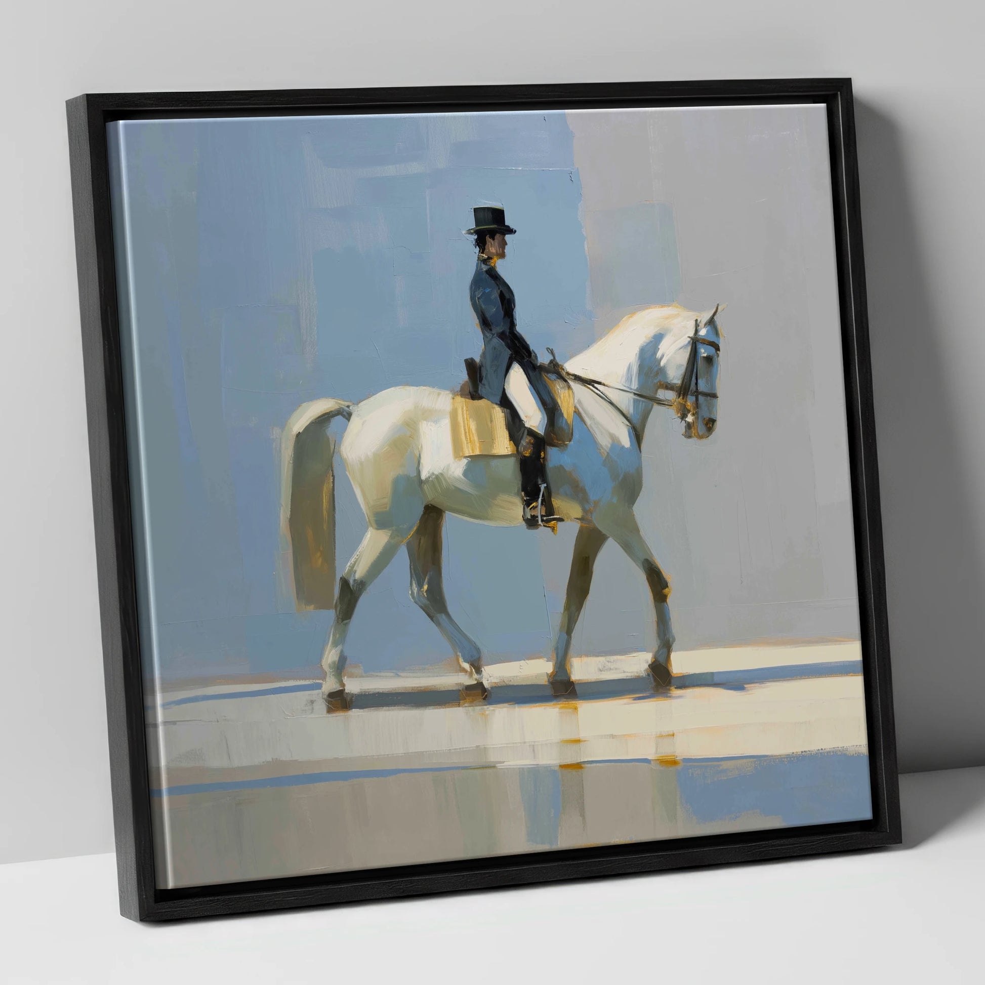 Collected Grace in Blue dressage horse canvas wall art in black frame