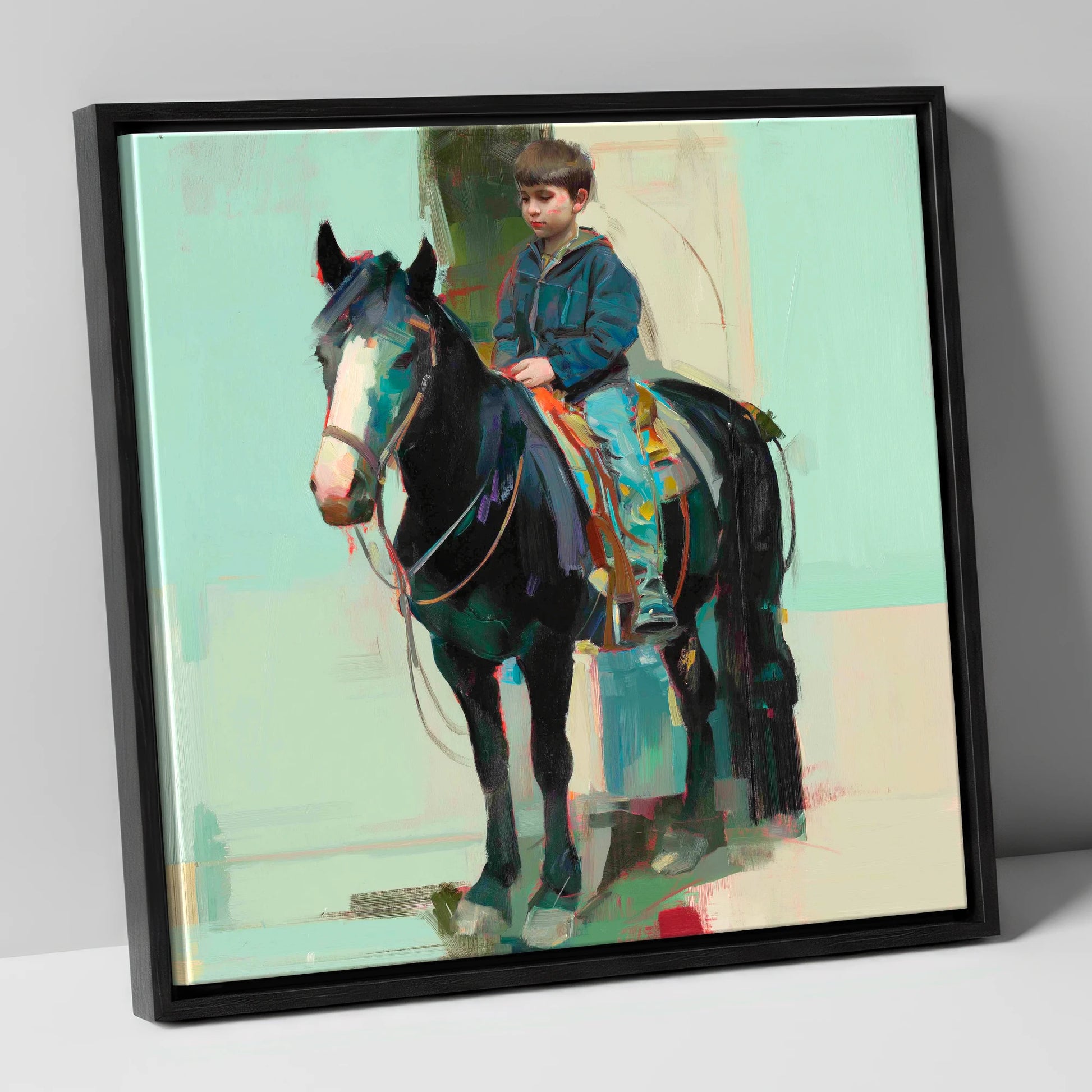 The Quiet Partnership horse & rider canvas wall art in black frame