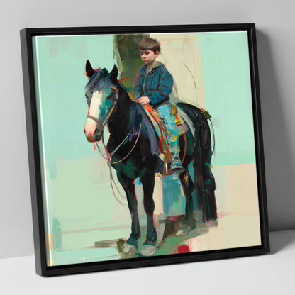 The Quiet Partnership horse & rider canvas wall art in black frame