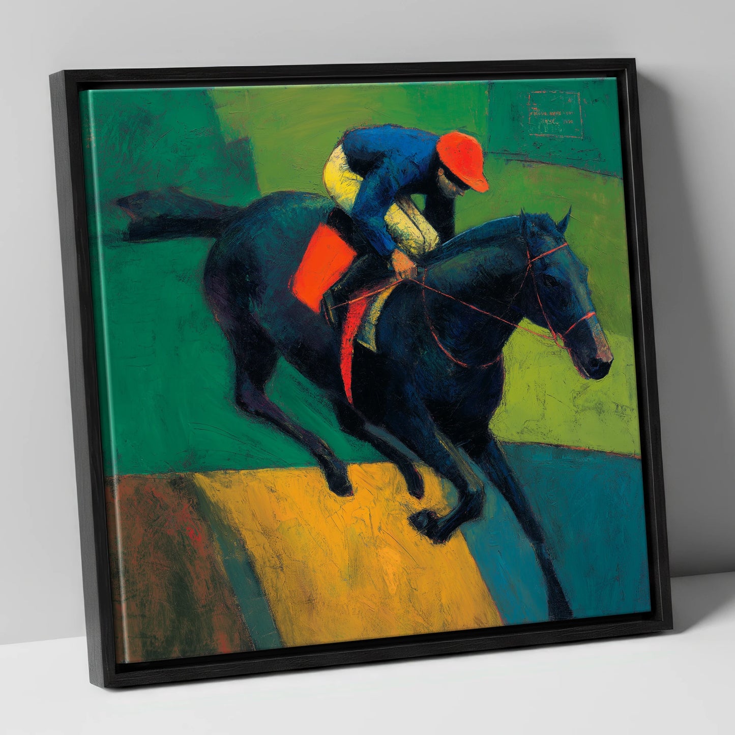 The Crimson Cap racing horse canvas wall art in black frame