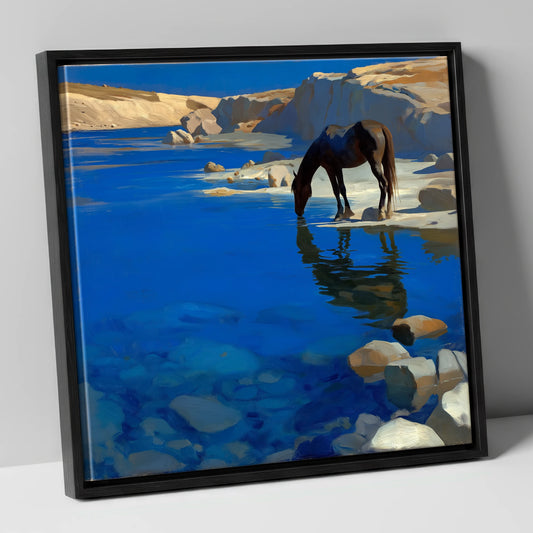 Ultramarine Oasis horse landscape canvas wall art in black frame