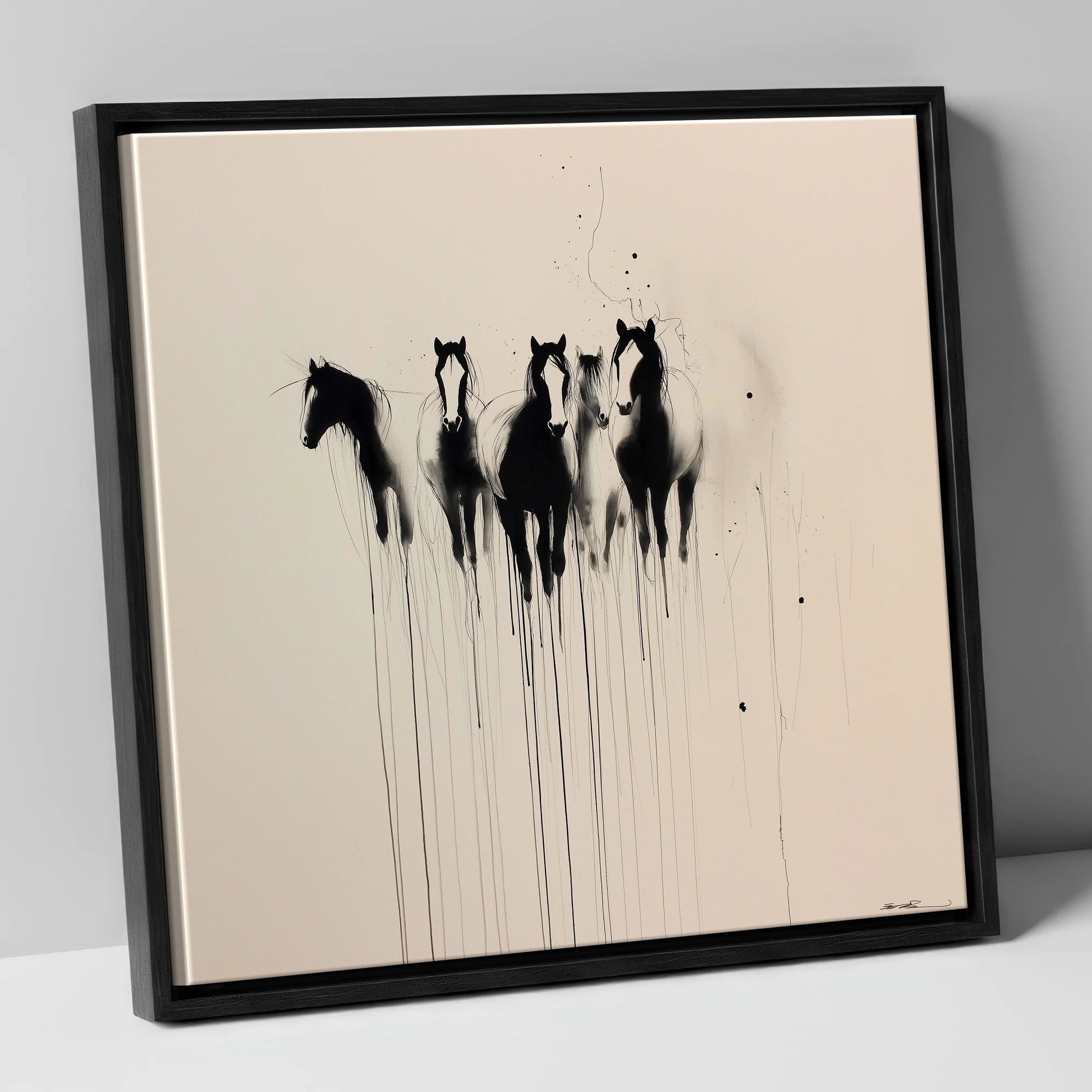The Silent Herd wild horses canvas wall art in black frame