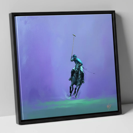 The Violet Chukka polo horse canvas wall art in black frame