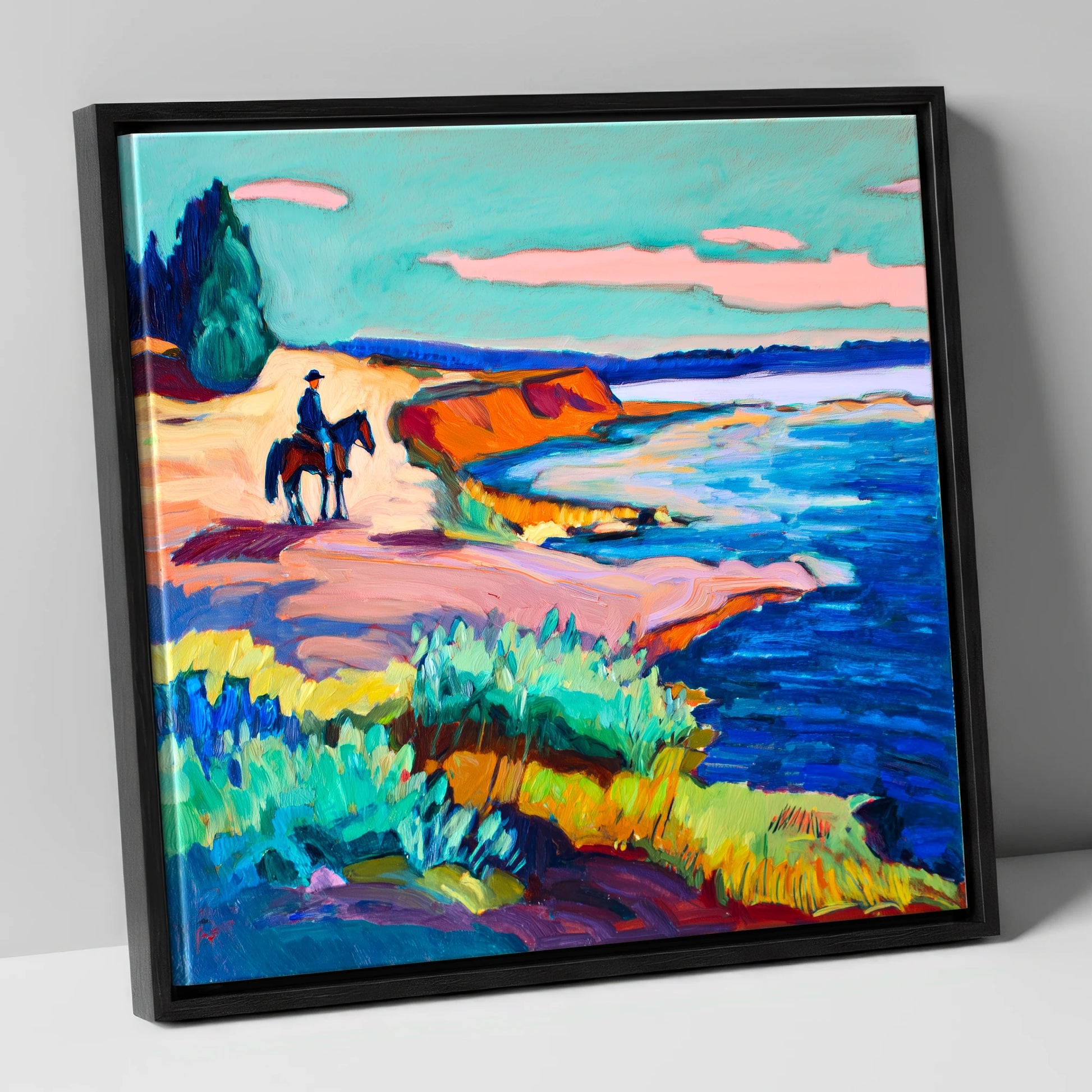 Vivid Coastal Hack beach horse canvas wall art in black frame