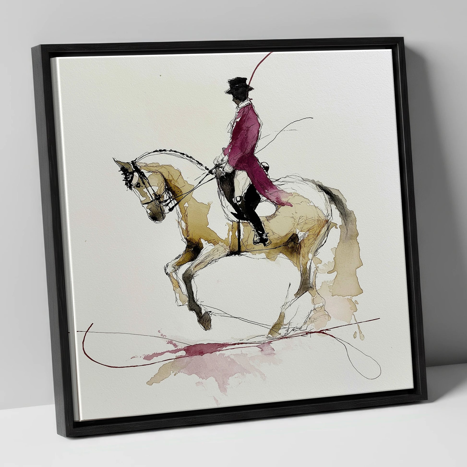 Poise and Passage dressage horse canvas wall art in black frame