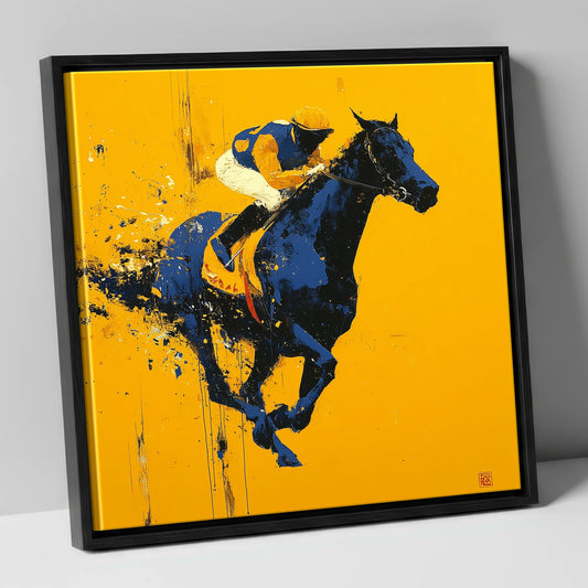 Midnight Pace on Gold racing horse canvas wall art in black frame