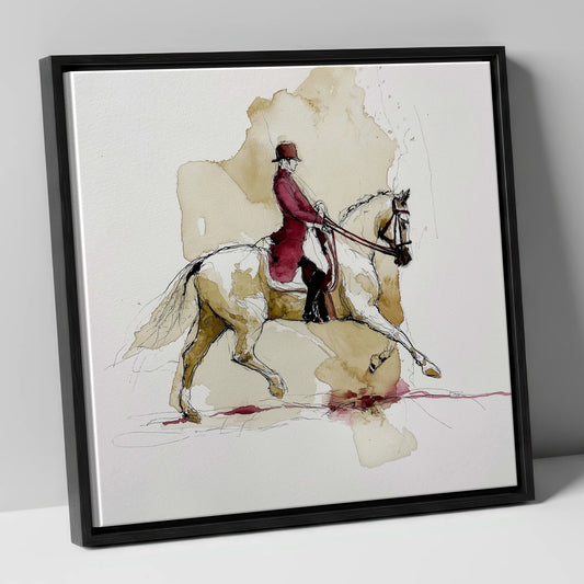 The Crimson Tailcoat dressage horse canvas wall art in black frame