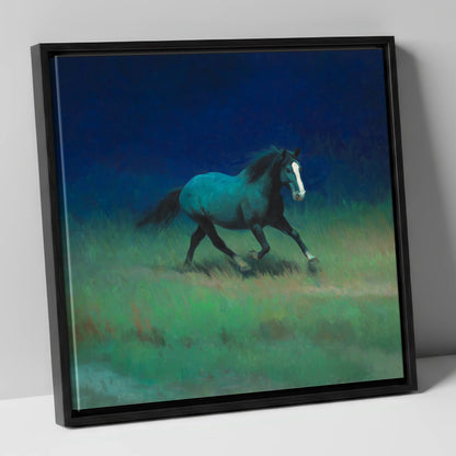 Midnight Canter horse landscape canvas wall art in black frame