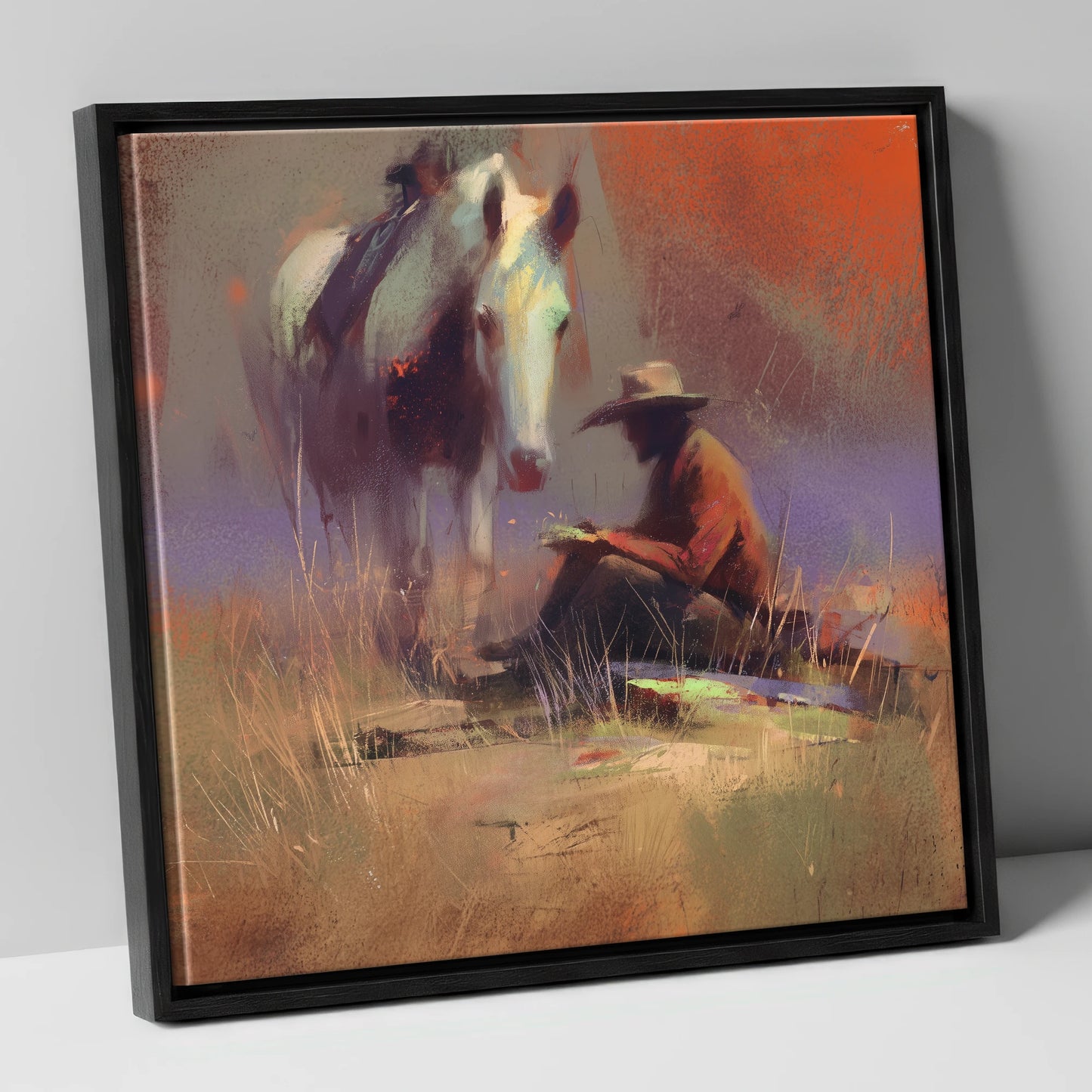 The Rider's Rest horse & rider canvas wall art in black frame