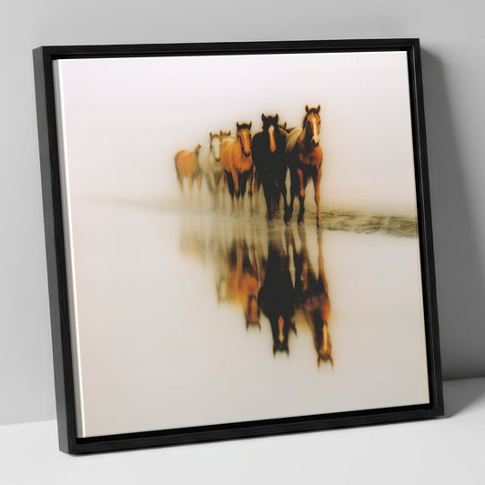 Emerging From The Mist wild horses canvas wall art in black frame