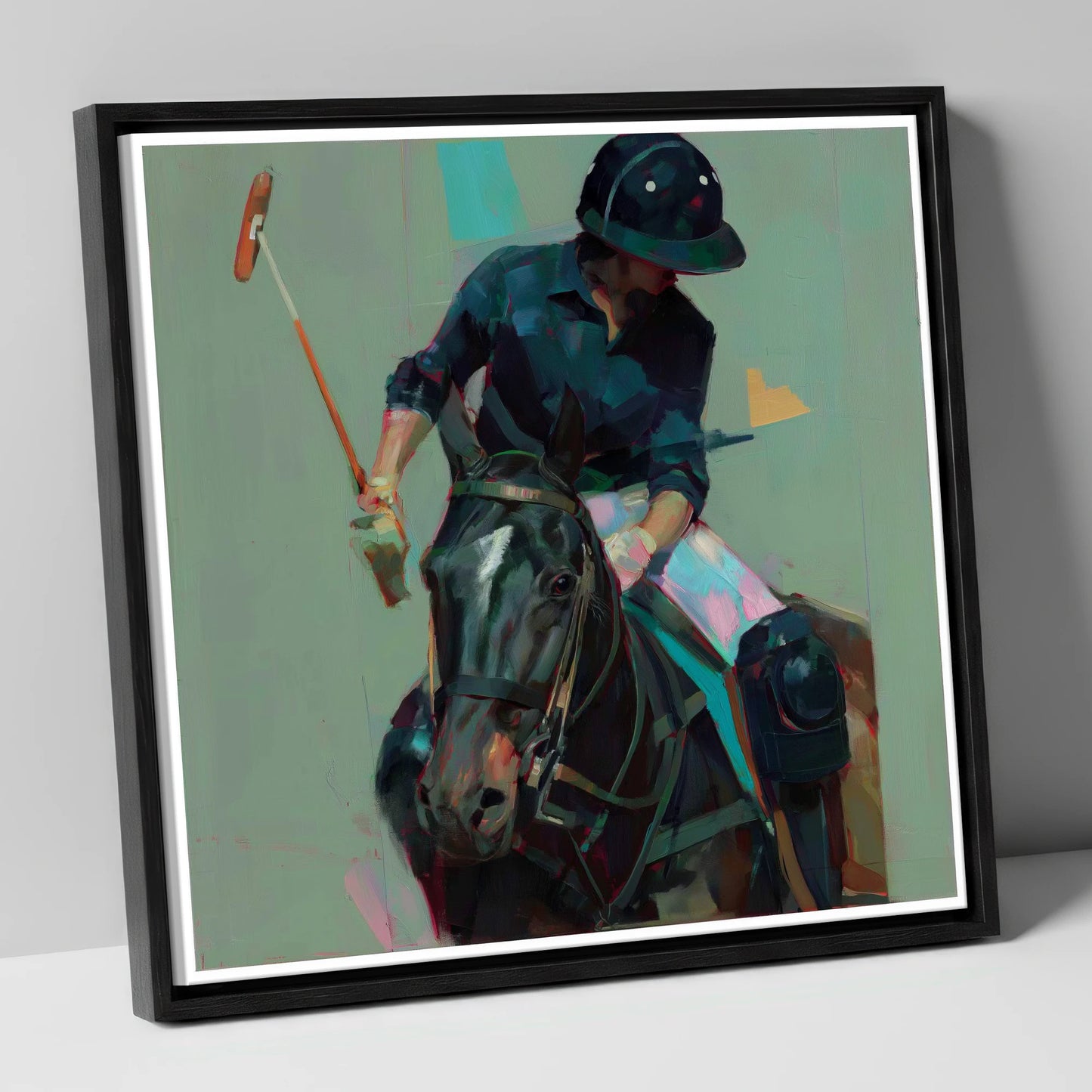 The Decisive Strike polo horse canvas wall art in black frame