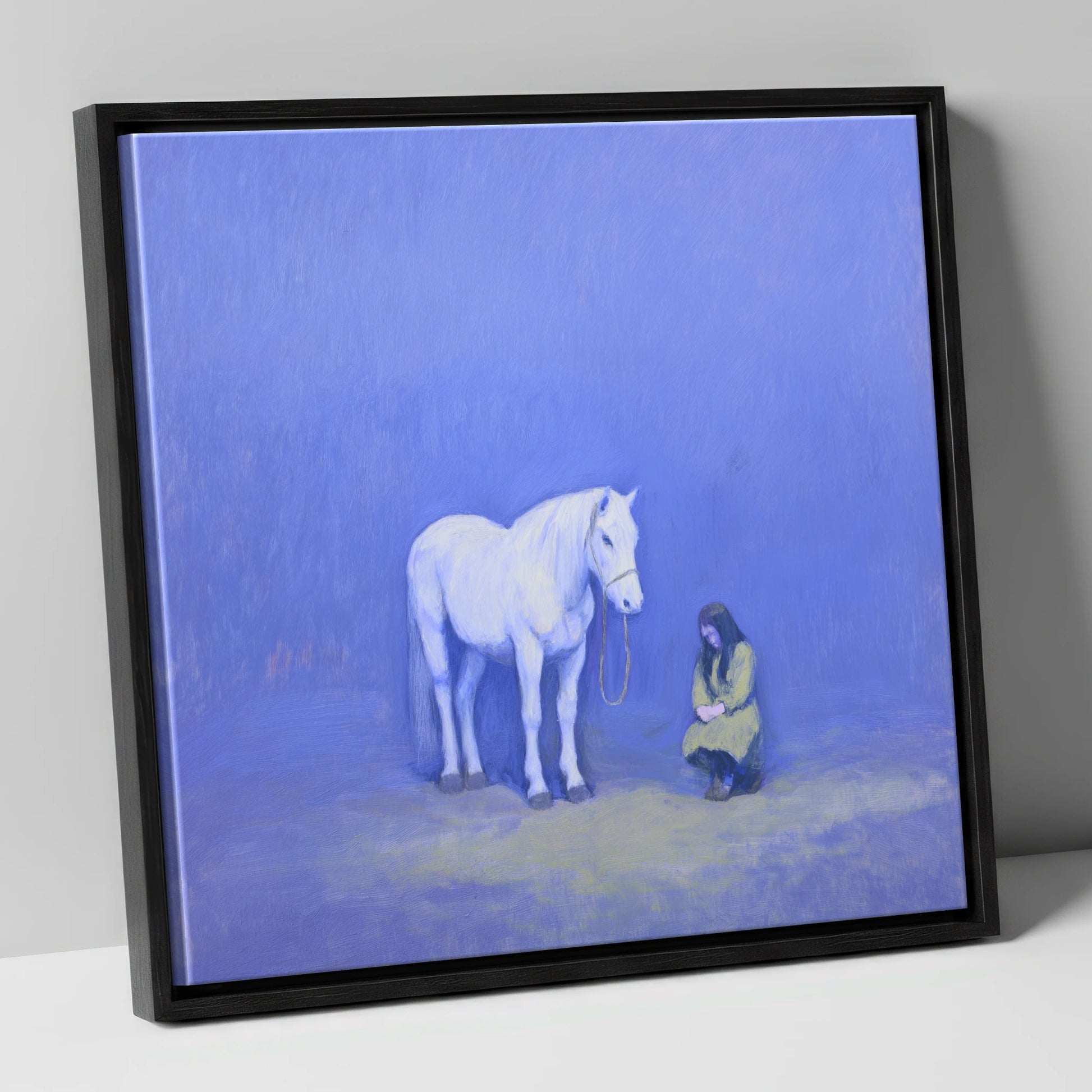 Solace in Azure horse & rider canvas wall art in black frame