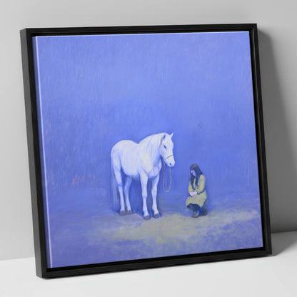 Solace in Azure horse & rider canvas wall art in black frame