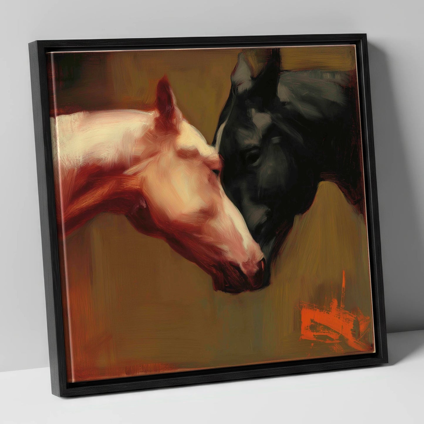 Silent Communion horse portrait canvas wall art in black frame