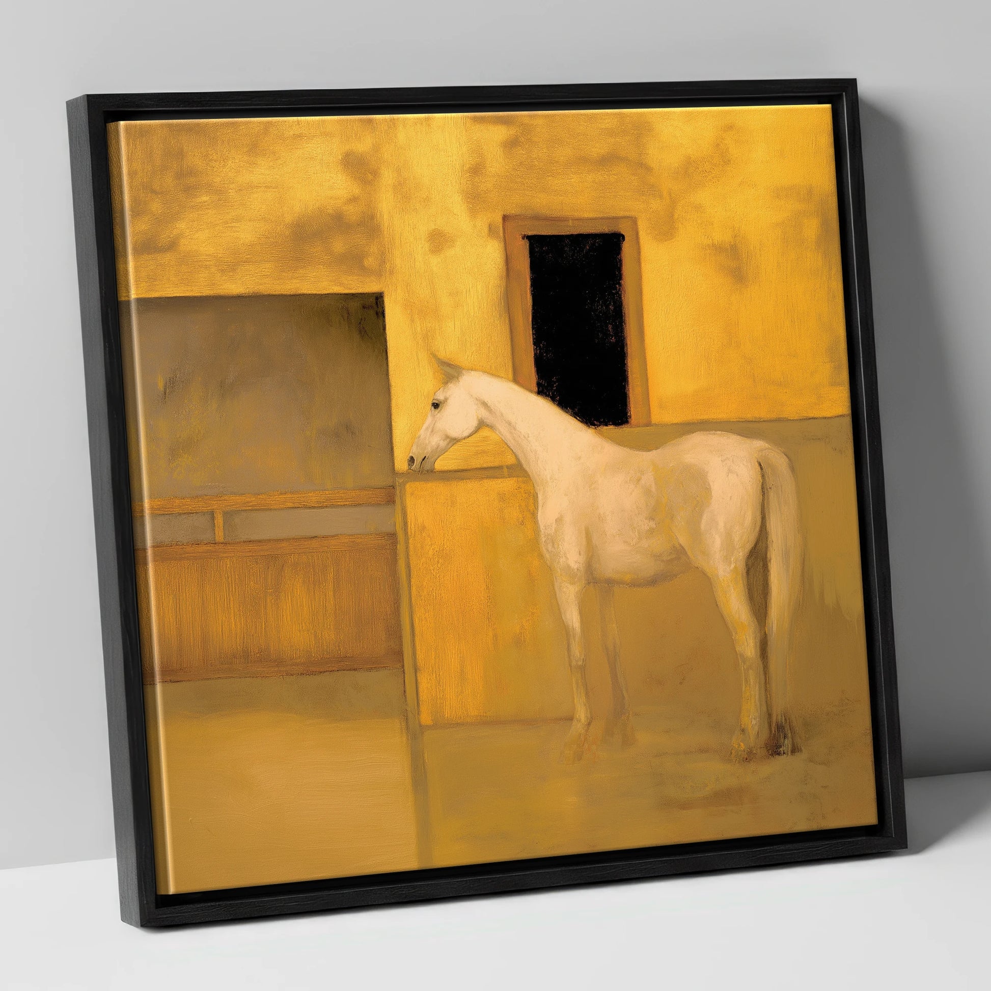 Ochre and Cream horse stable canvas wall art in black frame