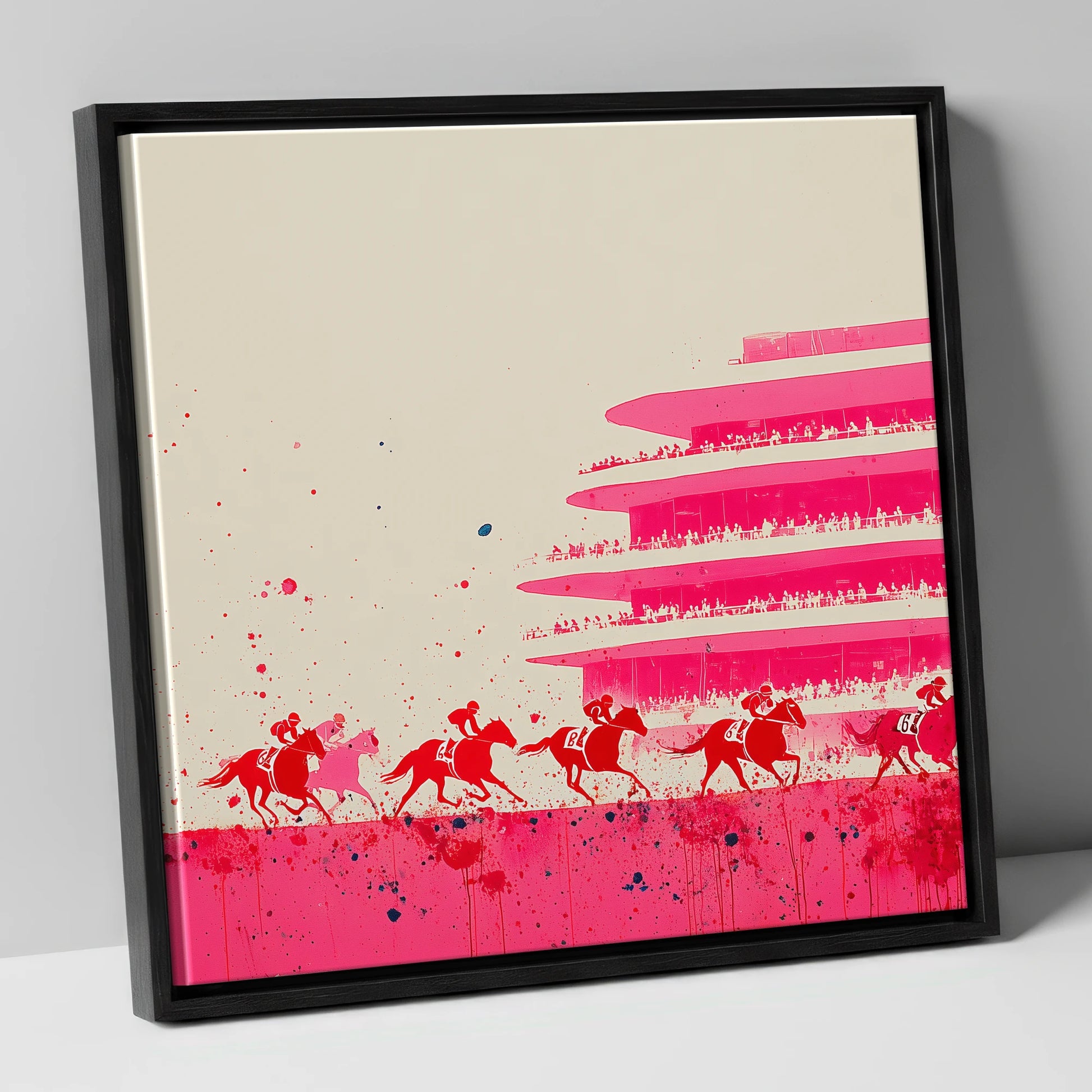 Magenta Grandstand Sprint racing horse canvas wall art in black frame
