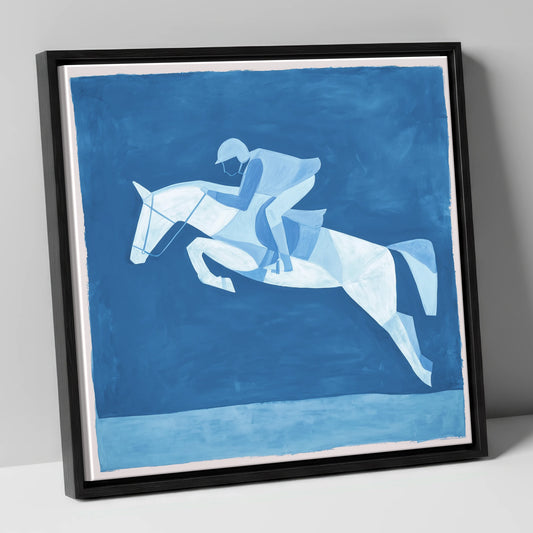 Sapphire Leap show jumping horse canvas wall art in black frame