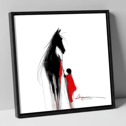 Crimson Connection horse & rider canvas wall art in black frame