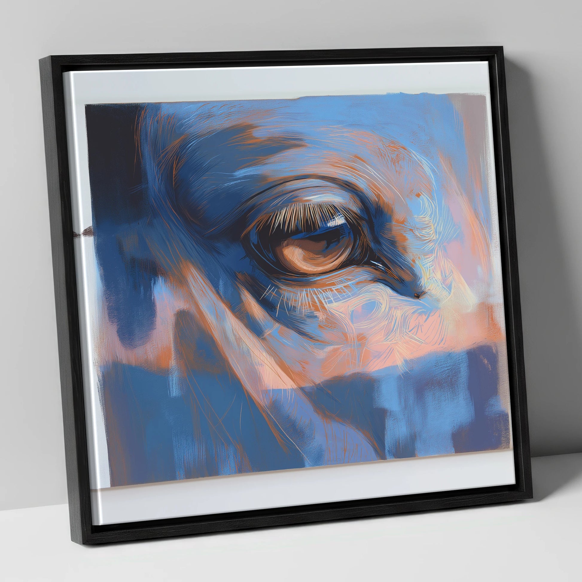 Soulful Azure Gaze horse portrait canvas wall art in black frame