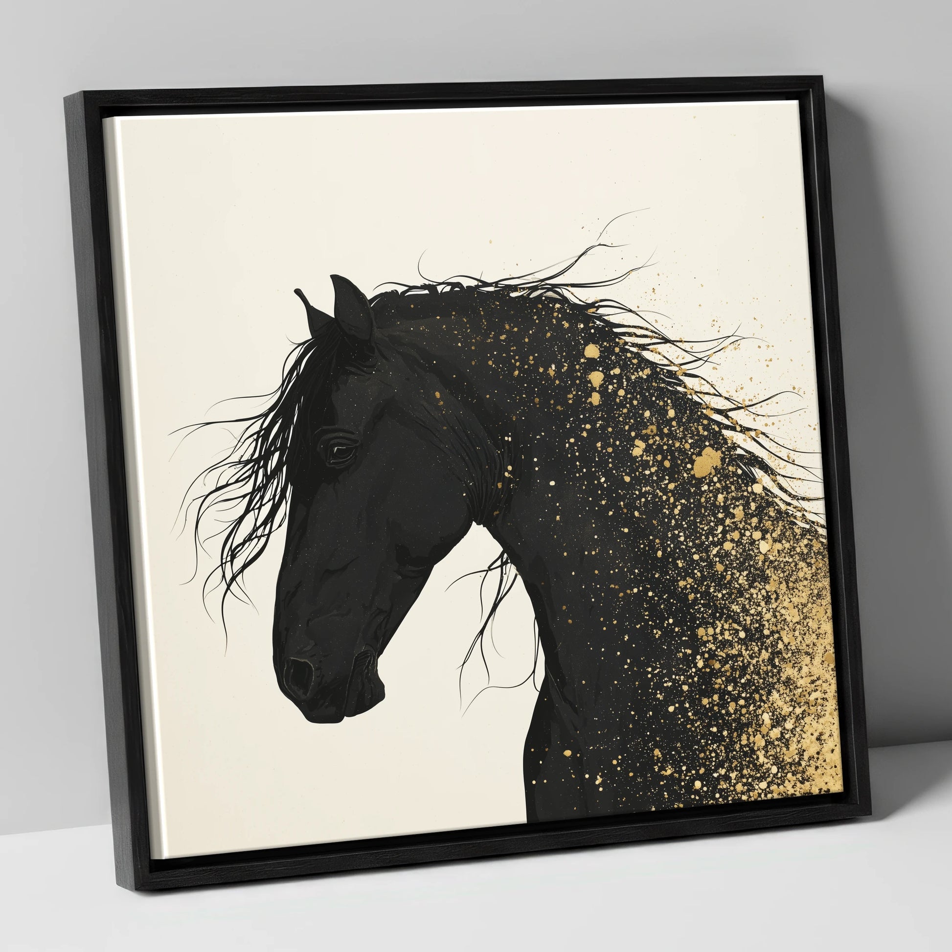 Gilded Midnight horse breed canvas wall art in black frame