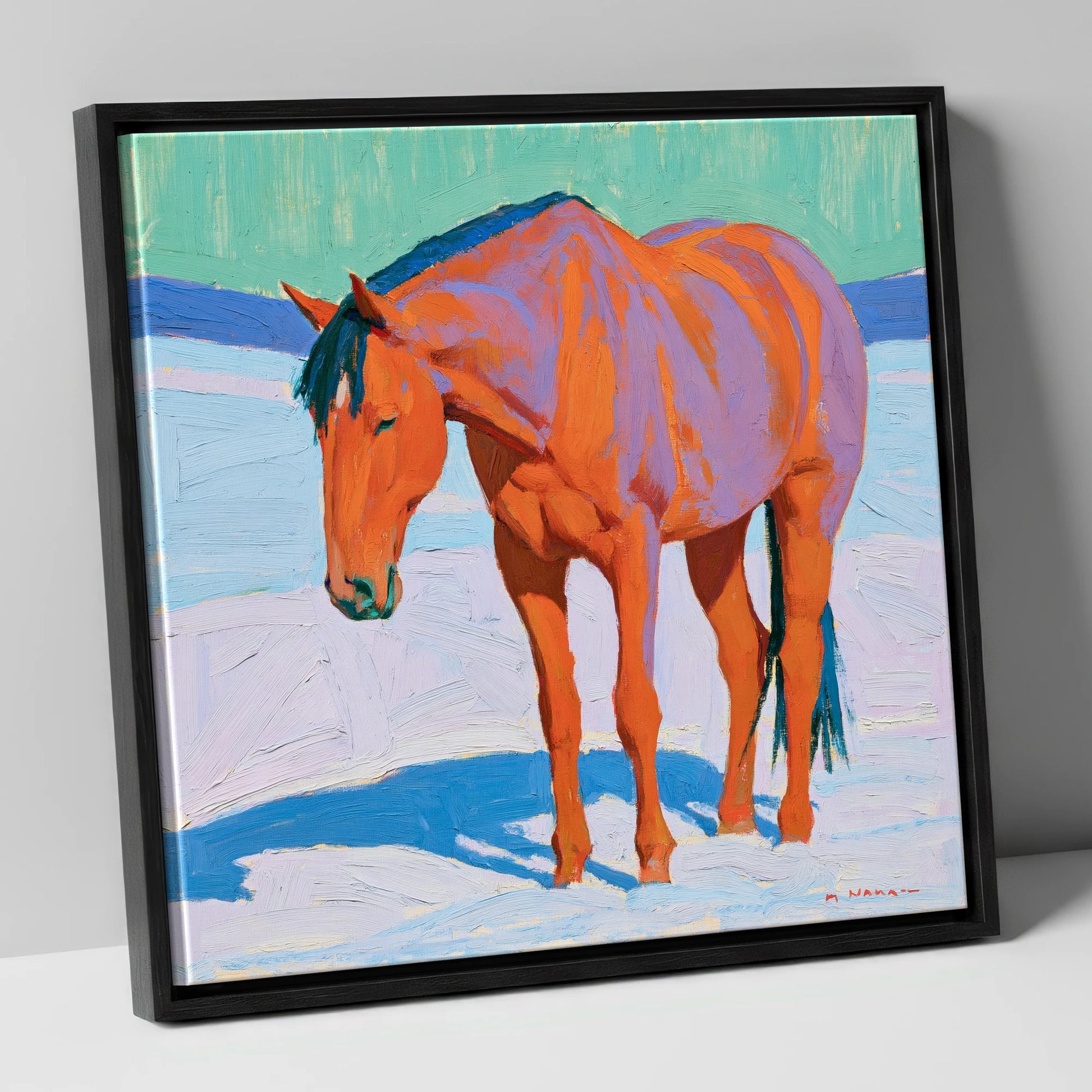 Vivid Chestnut Horse in Snow horse breed canvas wall art in black frame