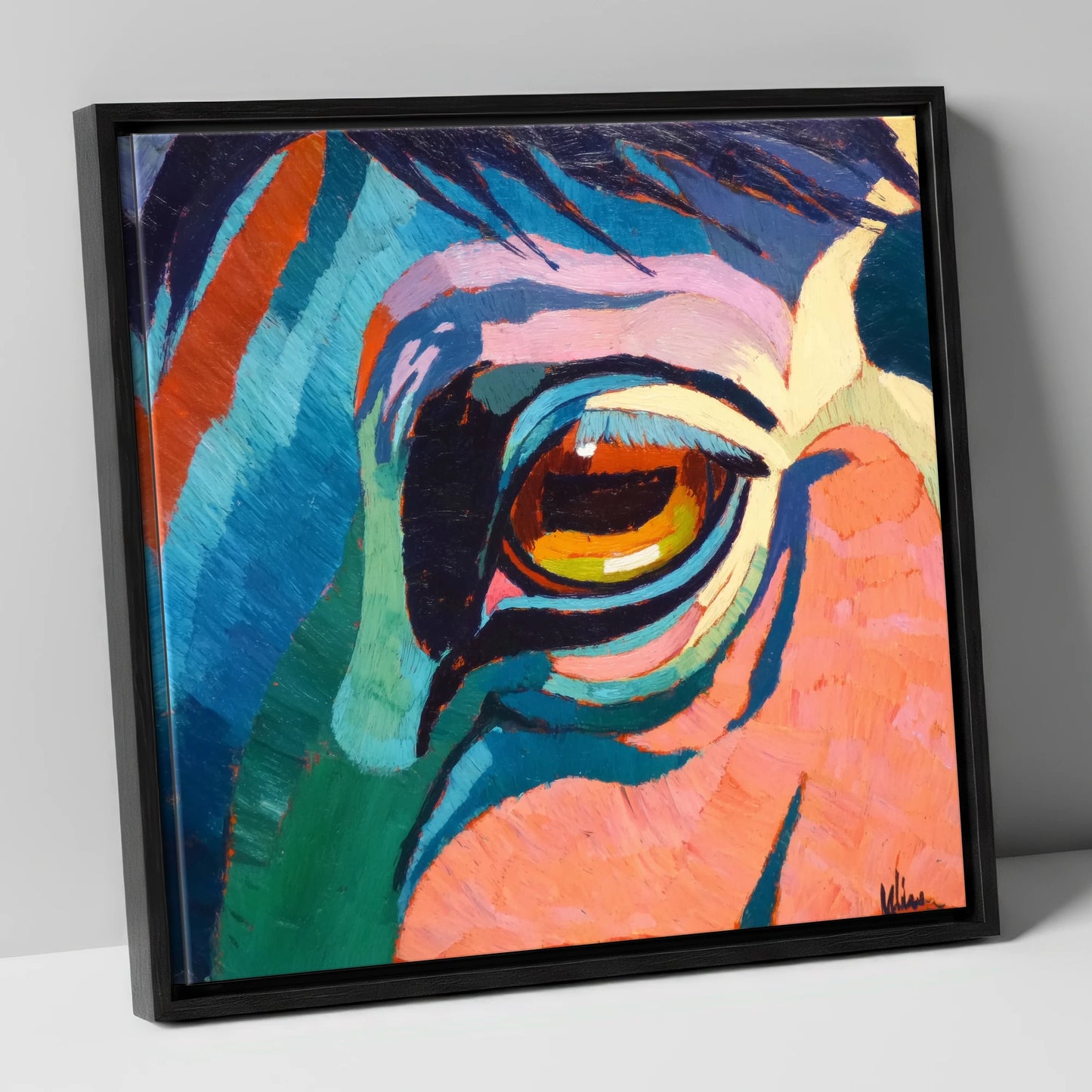 Vibrant Equine Gaze horse portrait canvas wall art in black frame