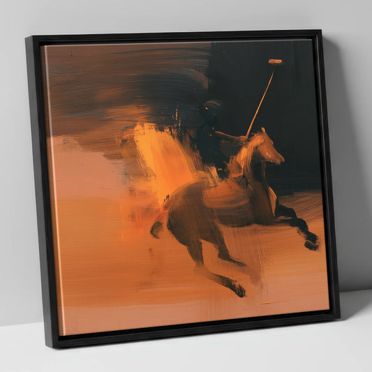 Amber Polo Strike polo horse canvas wall art in black frame
