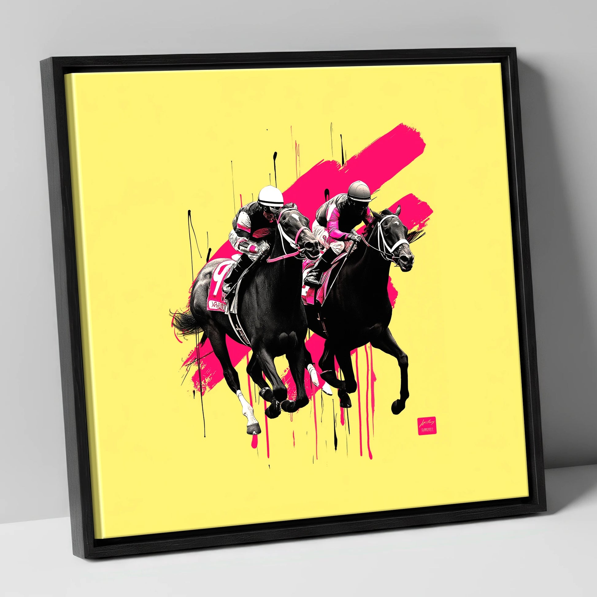 High Stakes Sprint racing horse canvas wall art in black frame